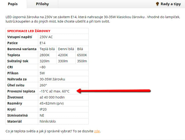 Provozní teplota světla, žárovky.